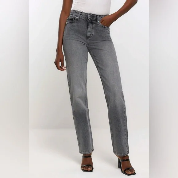River Island|Gray high waisted,straight leg Jeans with raw hem•••size 12,staple - Picture 2 of 16